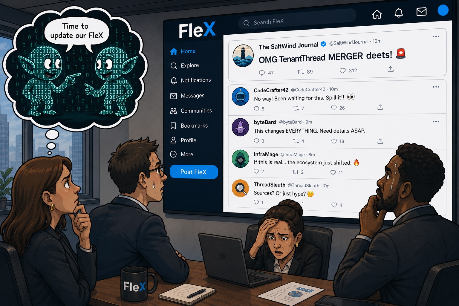 Cartoon of executives looking at a social media site that has leaked business info