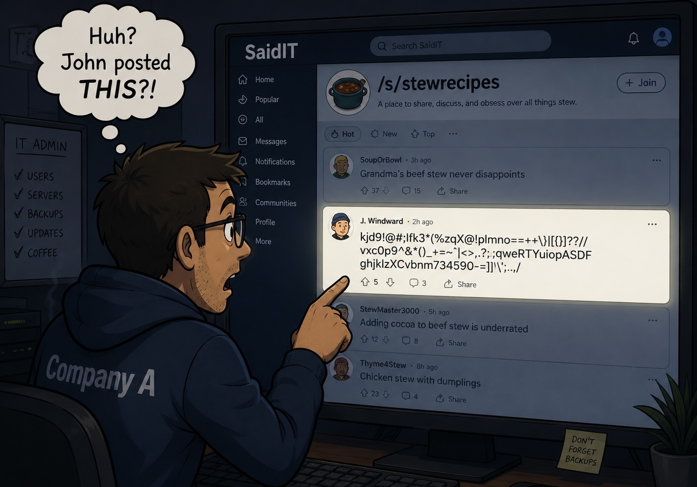 Cartoon of an IT worker discovering a gibberish post on a social media site and looking surprised