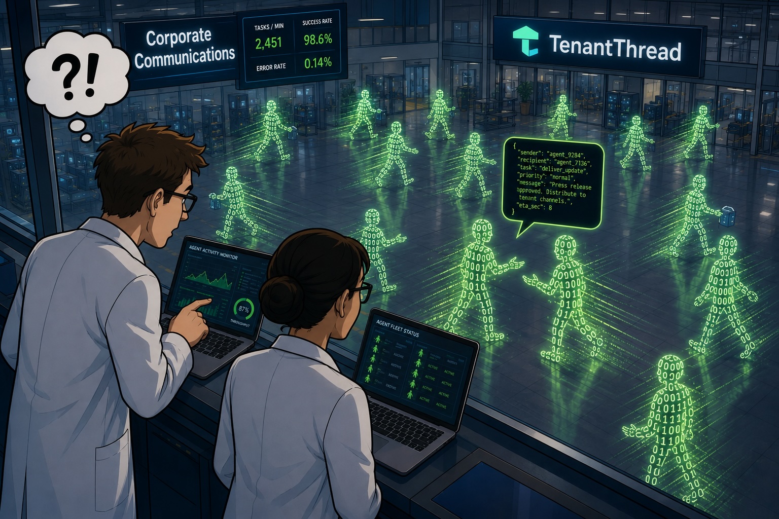 Scientists look out over a factory floor showing a flurry of anthropomorphic AI agent activity
